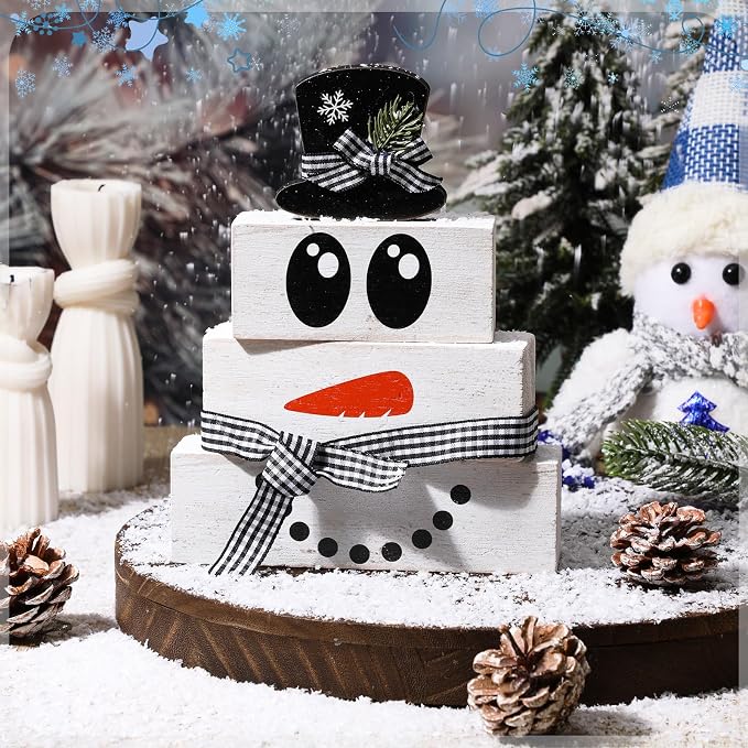 Moucuny 4 Pcs Winter Table Decoration Wooden Snowman Decor Black and White Winter Tiered Tray Decor Rustic Snowman Face Wood Block Sign Gift Christmas Centerpiece Farmhouse for Wonderland Home - Image 2