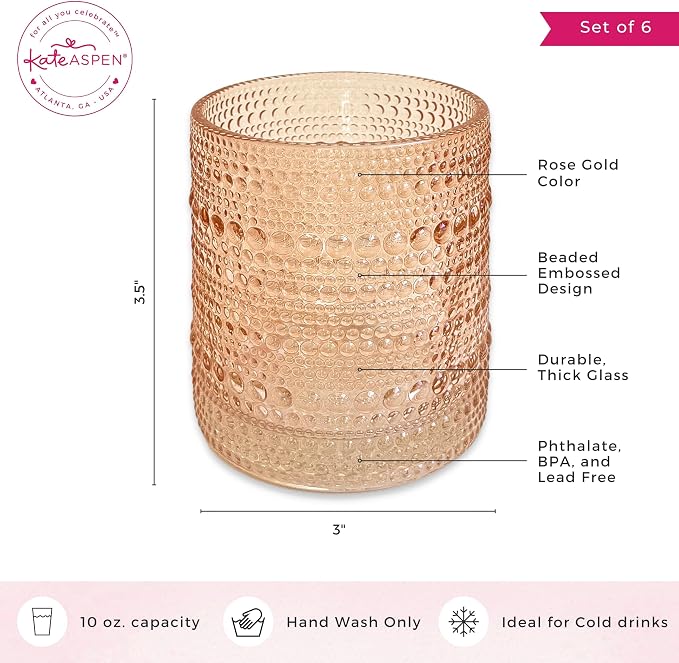 Kate Aspen Rose Gold Cups Pink Hobnail Beaded Drinking Glasses Set of 6-10 oz Vintage Glassware Set Cocktail Glass Set, Juice Glass, Water Cups | Makes A Great Hostess Gift, Gift for New Home Owners - Image 7