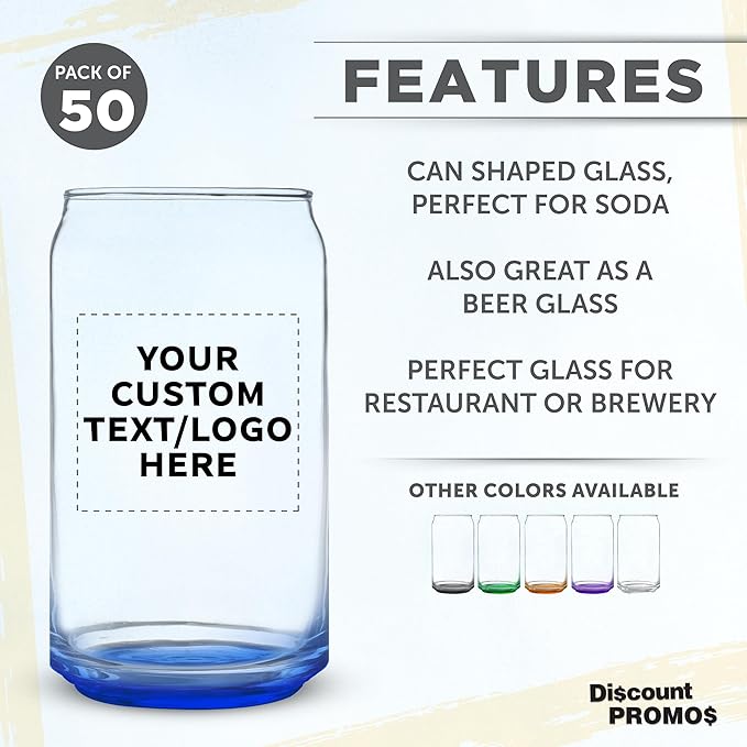Custom Beer Can Glasses Set of 50, 16 oz. Pint Sized, Promotional Text, Logo, Soda Can Shape, Glassware, Blue