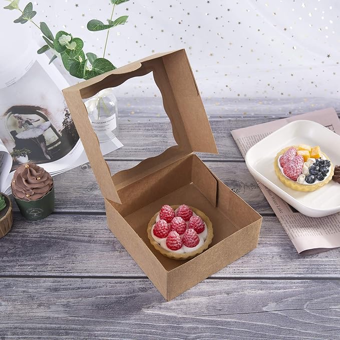 ONE MORE [25pcs] 6" Brown Bakery Boxes with pvc Window for Pie and Cookies Boxes Small Natural Kraft Paper Box,6x6x2.5inch(Brown,25)