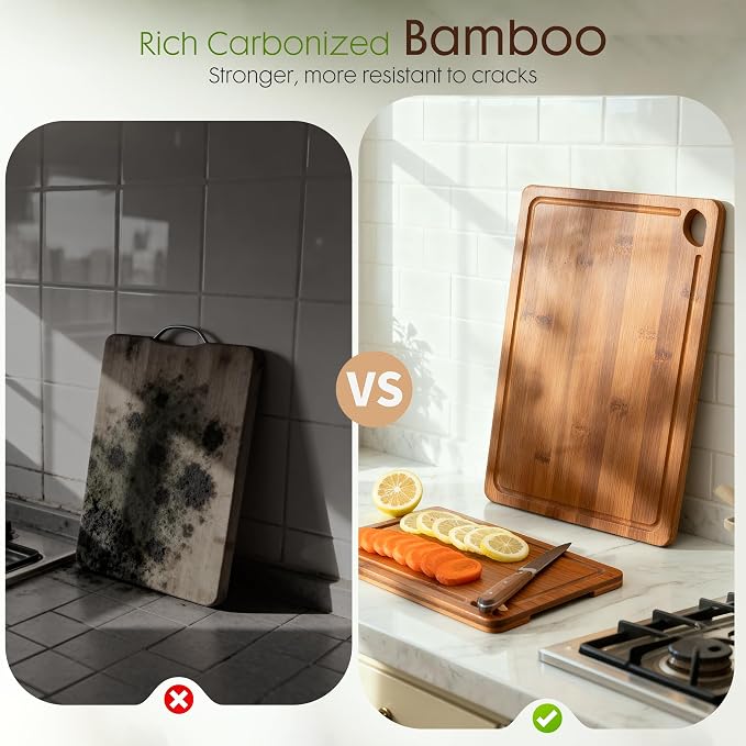 Astercook Deep-Carbonized Bamboo Cutting Boards for Kitchen with Wood Storage Stand, Reversible Charcuterie & Chopping Boards with Juice Grooves and Easy-Grip Handles, Fathers Day Gift for Men - Image 9