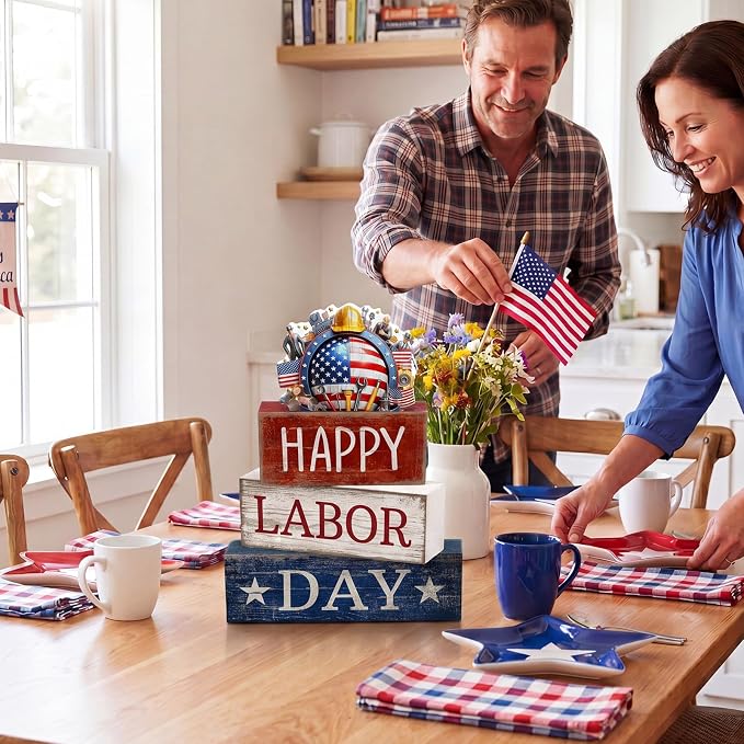 Moucuny 4 Pcs Labor Day Table Decoration Patriotic Worker Wooden Stacked Block Decor with American Flag Topper Happy Labor Day Centerpieces Patriotic Tiered Tray Decor for American Party Home Office - Image 3