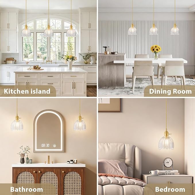 Ralbay Vintage Pendant Lights Kitchen Island,Clear Tulip Glass Shade,3Packs | Mini Pendant Light Fixture with Switch, Adjustable Brass Hanging Light for Bedroom, Dining Room, Hallway, Bar - Image 2