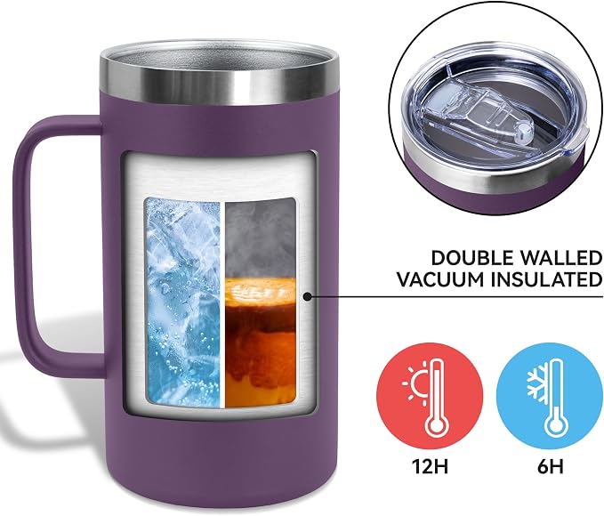DOMICARE 24oz Mug with Handle and Lid, Stainless Steel Coffee Mug, Travel Mug with Handle, Double Wall Vacuum Coffee Tumbler, Reusable Insulated Cup, Dark Purple, Pack 8 - Image 3