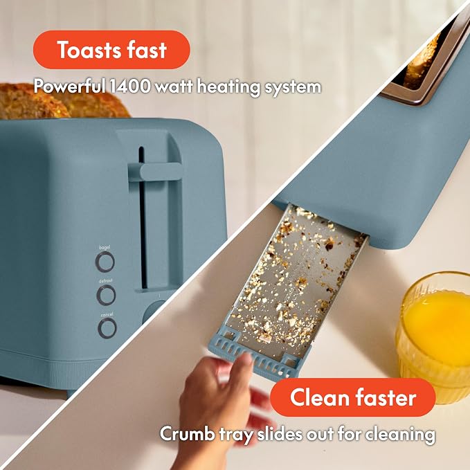 bella 4 Slice Slim Toaster, Fits-anywhere Kitchenware, 6 Setting Shade Control with Reheat & Cancel Buttons, Fits Sourdough, 10” Long Slot, Anti Jam & Auto Shutoff, 900 Watt, Surf - Image 6
