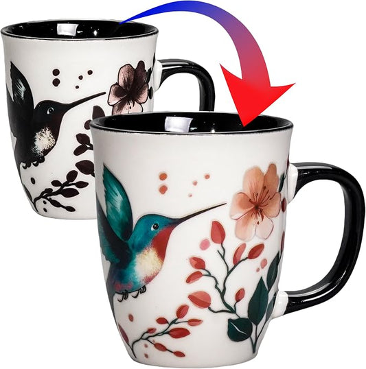Hummingbird Coffee Mugs for Women - 16oz Ceramic Heat Reveal Cup, Floral Bird Coffee Mugs for Home Office, Hummingbird Gifts for Mothers' Day Birthday by Asmwo