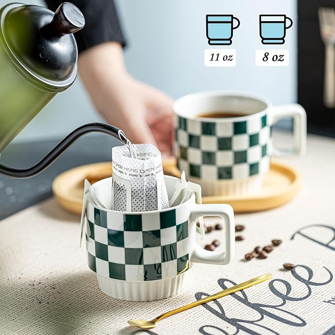Miamolo Coffee Mugs with Stand and Spoons, Stacking Space-saving | 11oz, Set of 4 | Checkered Coffee Mug with Rack | Housewarming Birthday Gift | Dishwasher Safe | for Home Kitchen Office - Image 3