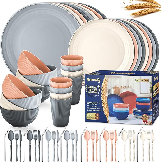 Wheat Straw Dinnerware Sets,64-Piece Plates and Bowls Sets for 8-Unbreakable,Reusable Plastic Dish Set-Dinner Plate/Dessert Plate/Cereal Bowl/Cup/Utensils-Dishwasher Safe 64P-Coral Coast by HOMMALY