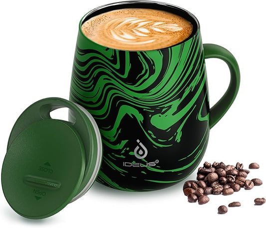 Ideus 16 oz (470 ml) Insulated Coffee Mug with Handle and Lid, Double Wall Stainless Steel Vacuum Thermal Coffee Mug, Travel Coffee Cup Thermal Cup for Home and Office (Green Zebra) by IDEUS