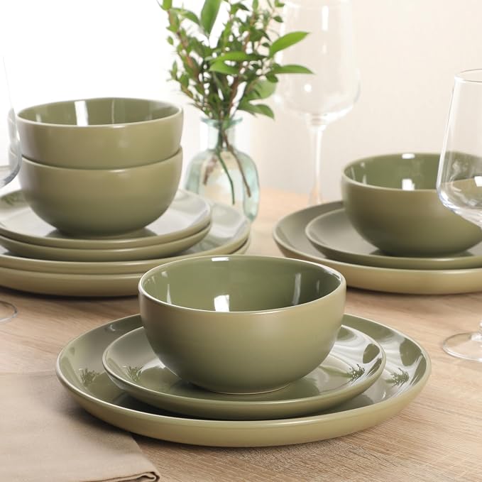 Gibson Home Rockaway 12 Piece Plates and Bowls Matte Outside/Shiny Inside Glaze Service for 4 Dinnerware Set - Green - Dishwasher and Microwave Safe - Image 4