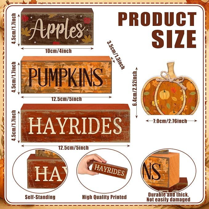 Moucuny 4 Pcs Fall Pumpkin Decor Fall Decorations for Home Wooden Pumpkin Decor Thanksgiving Table Centerpiece Rustic Hay Rides Autumn Stacked Block Signs Farmhouse for Harvest Party Home Kitchen - Image 3