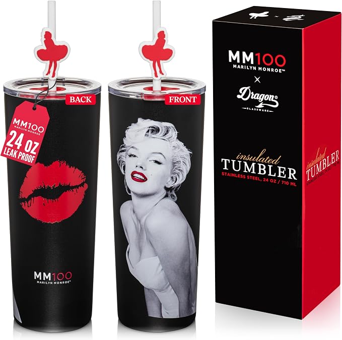 Dragon Glassware x Marilyn Monroe 100th Celebration Tumbler, 24 oz - MM100 | Vacuum Insulated Stainless Steel Tumbler with Straw & Lid; Double Walled Tumbler with Straw Charm; Marilyn Monroe Cup by DragonGlassware