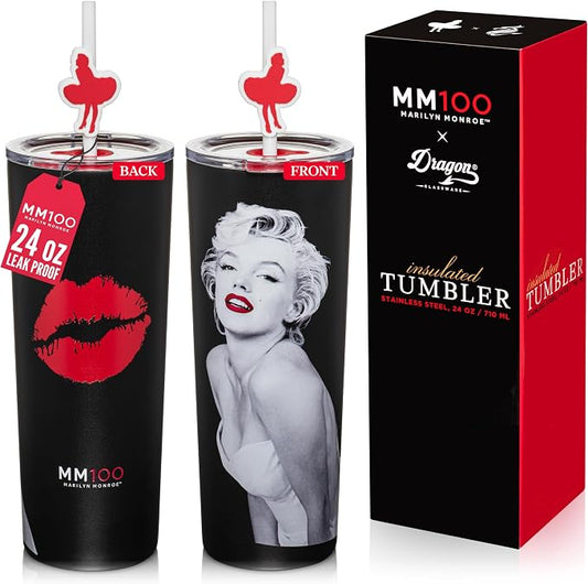 Dragon Glassware x Marilyn Monroe 100th Celebration Tumbler, 24 oz - MM100 | Vacuum Insulated Stainless Steel Tumbler with Straw & Lid; Double Walled Tumbler with Straw Charm; Marilyn Monroe Cup by DragonGlassware