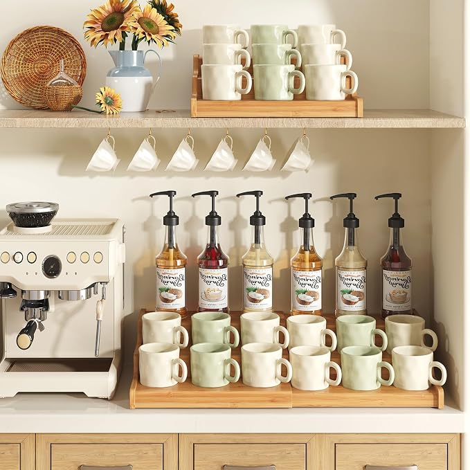 Hongtamoya 3-Tier Expandable Bamboo Mug Holder For Countertop Coffee Cup Holder Display Mug Organizer Mug Rack for Coffee Bar Organizer Mug Shelf for Cabinet for Kitchen, Home - Image 5
