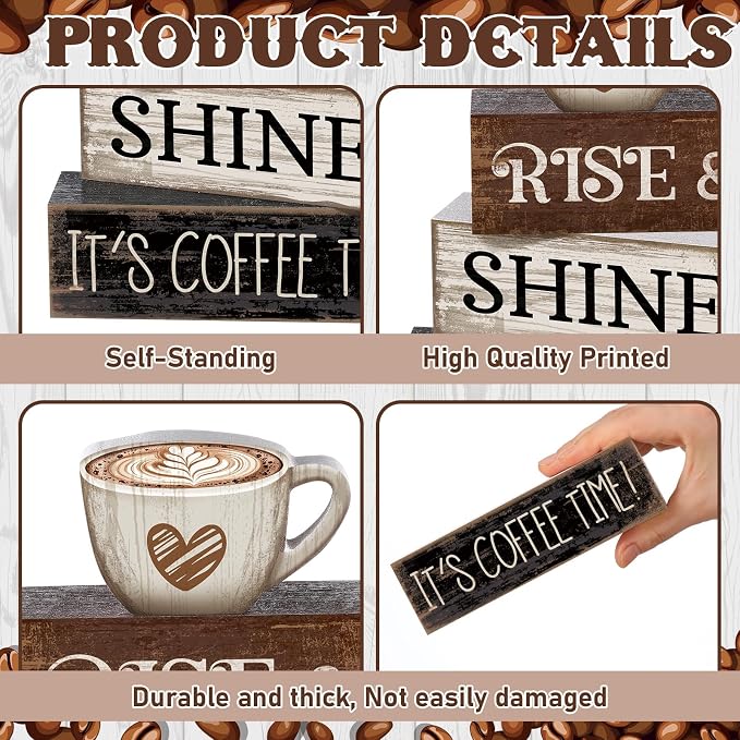 Moucuny 4 Pcs Farmhouse Coffee Bar Sign Decor Wooden Cup Rise & Shine It's Coffee Time Rustic Wood Cafe Sign Gift for Home Kitchen Tabletop Decor - Image 6