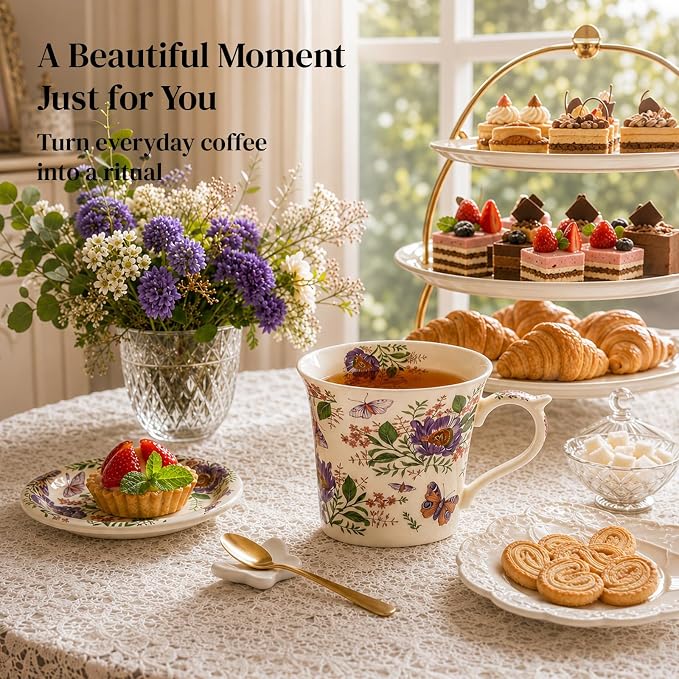 DOWAN 14 OZ Tea Cup & Saucer Set, Floral Mug with Lid, Ceramic Cappuccino/Latte Mug for Women, One Set - Image 6
