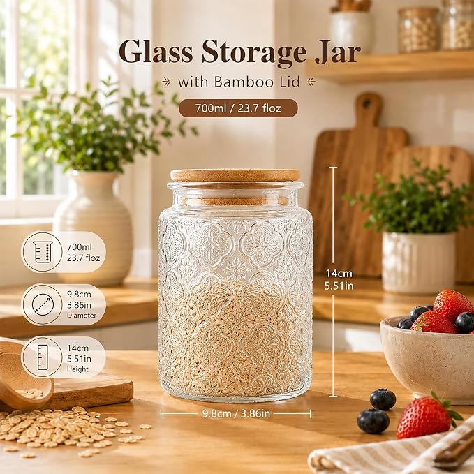 Glass Storage Jars With Airtight Lid, 23.7oz Canister For Kitchen Counter with Bamboo Lid, brown sugar, candy, coffee, cookie, salt, tea,pantry cute Jar (Begonia Flowers*1) - Image 2