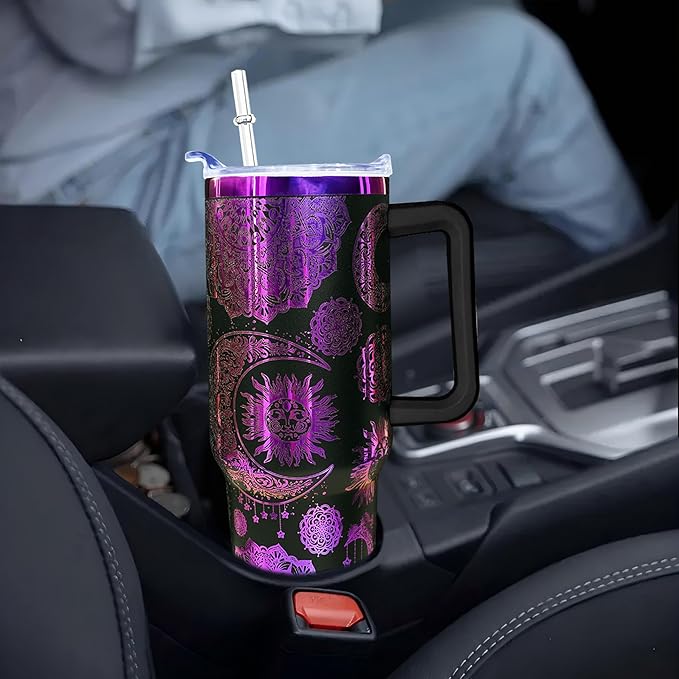 40 oz Bohemia Laser Engraving Tumbler With Handle With Lid Straw Double Insulated Travel Coffee Cup Boho Travel Accessories Must Have Gifts For Women