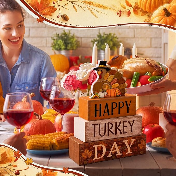 Moucuny 4 Pcs Fall Table Decorations for Home Thanksgiving Turkey Wooden Stacked Sign Decor Thanksgiving Tiered Tray Decor Rustic Happy Turkey Day Block Sign for Autumn Harvest Party Kitchen Shelf - Image 6