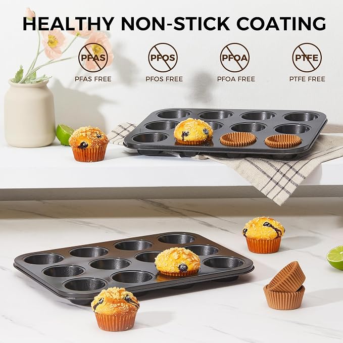 Muffin Pans with 120 Natural Parchment Liners, Nonstick Cupcake Baking Tray for Oven, Premium Standard Size, 12 Cup, 2 Pack, Dark Grey - Image 2