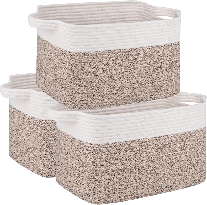 OIAHOMY 3 Pack Storage Baskets for Organizing, 13''X9.85''X8.7'' Storage Bins,Woven Basket with Handles, Toy Storage Bin,Stylish Room Decor Basket, white & Brown variegated by MasterofSpaceOptimization