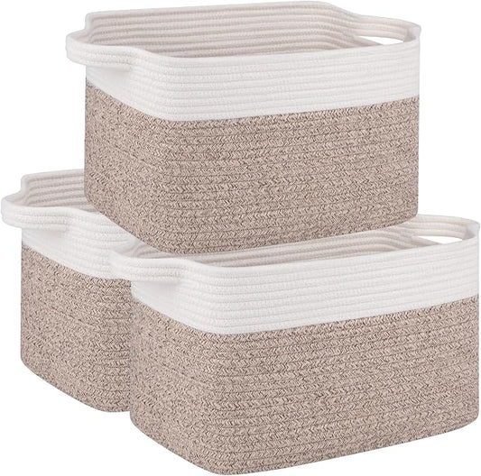 OIAHOMY 3 Pack Storage Baskets for Organizing, 13''X9.85''X8.7'' Storage Bins,Woven Basket with Handles, Toy Storage Bin,Stylish Room Decor Basket, white & Brown variegated by MasterofSpaceOptimization
