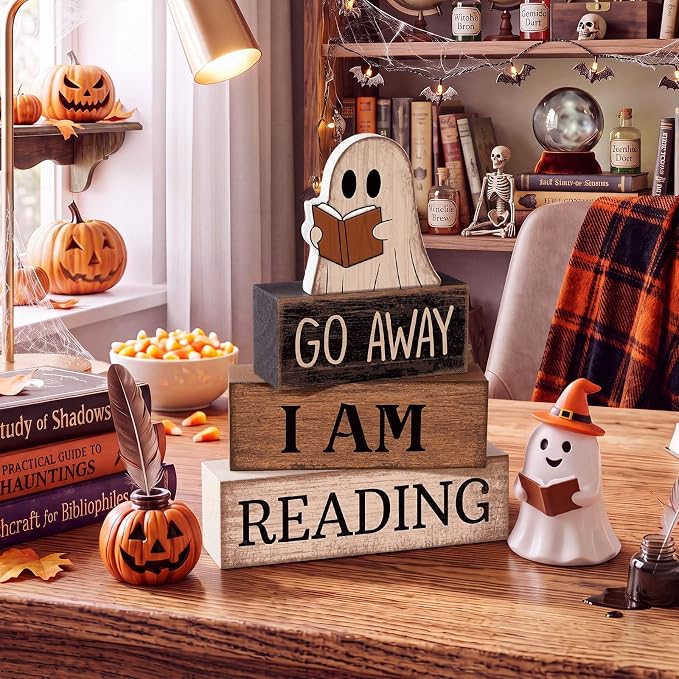 Moucuny 4 Pcs Halloween Table Decoration Wooden Ghost Reading Stacked Block Decor, "Go Away I Am Reading" Sign, Rustic Ghost Centerpiece Book Lover Halloween Tiered Tray Decor for Home Office Library - Image 2