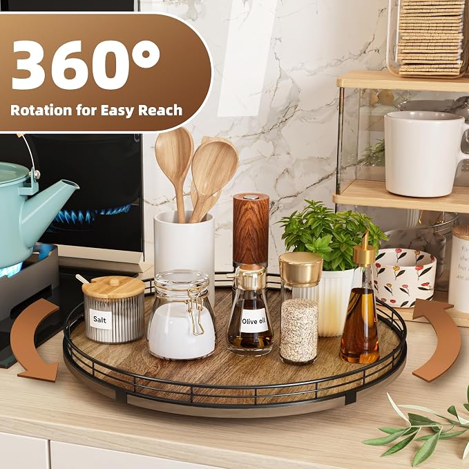 Acacia Wood 16" Lazy Susan Turntable Organizer for Table Top, Farmhouse Large Round Lazy Susan for Cabinet Kitchen Centerpieces Dining Table, for Condiments Charcuterie, Bathroom Vanity Tray Decor - Image 3