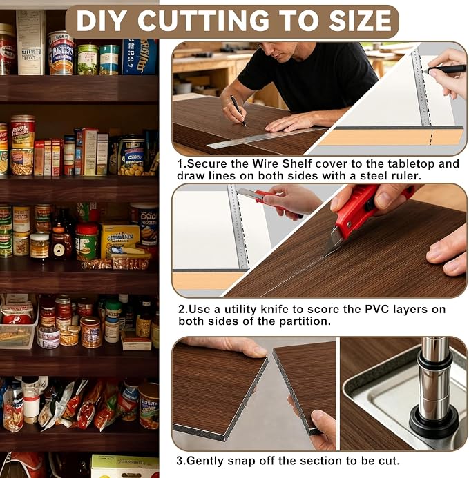 Walnut 42x12in 5-Pack Faux Wood Shelf Covers for Wire Shelving – Cut with Utility Knife, No Tools, Waterproof & Fireproof – for Pantry, Closet, Laundry, Bathroom, Basement - Image 5