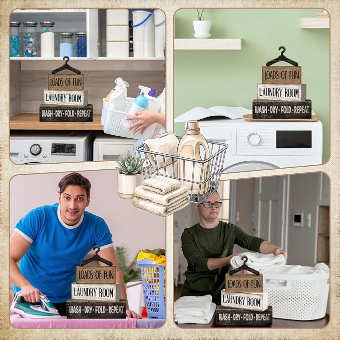 Moucuny 4 Pcs Farmhouse Laundry Room Decor and Accessories Stacked Blocks Loads of Fun Wash Dry Fold Repeat Wooden Signs Set with Vintage Hanger - Rustic Sign for Home Bathroom Shelf Housewarming Gift - Image 5