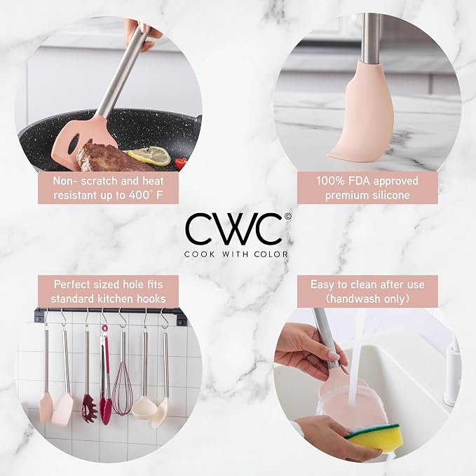 COOK WITH COLOR Silicone Cooking Utensils, Kitchen Utensil Set, Easy to Clean Silicone Kitchen Utensils, Cooking Utensils for Nonstick Cookware, Kitchen Gadgets Set, 10 Pieces, Rose - Image 7