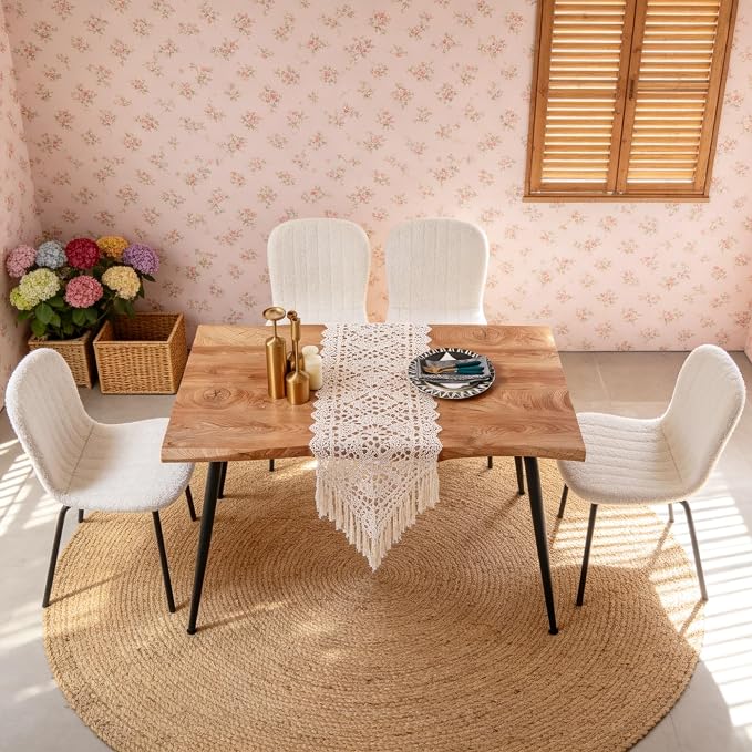 Rectangle Dining Table Set for 4 with White Boucle Chairs | 5-Piece Mid-Century Modern Set, Irregular MDF Table, Wood Grain, Space-Saving for Small Spaces, Dining Rooms, Easy Assembly - Image 5
