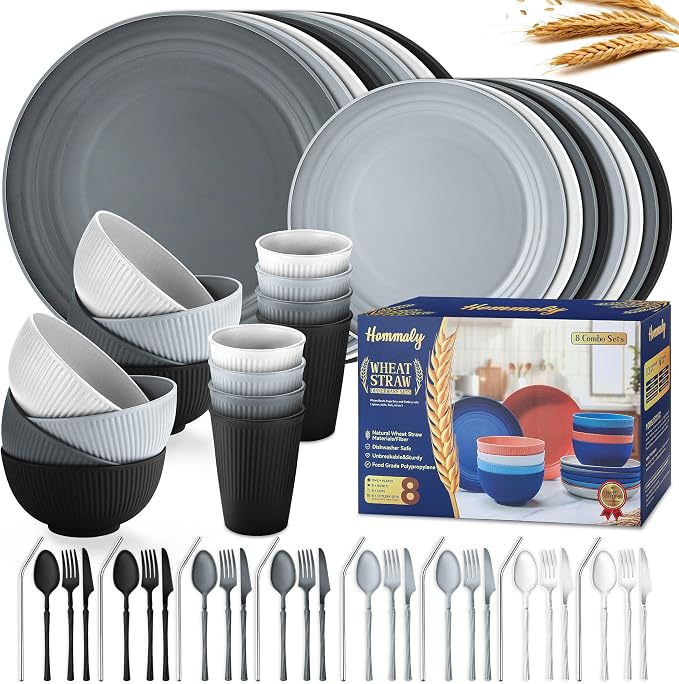 Wheat Straw Dinnerware Sets,64-Piece Plates and Bowls Sets for 8-Unbreakable,Reusable Plastic Dish Set-Dinner Plate/Dessert Plate/Cereal Bowl/Cup/Utensils-Microwave Dishwasher Safe 64P-Profound Gray by HOMMALY