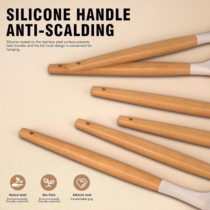 Silicone Cooking Utensils Set - AVGPD Silicone Kitchen Utensils for Cooking Wooden Handles, 446°F Heat Resistant Kitchen Utensil Spatula Sets w Holder, Gadgets for Non-Stick Cookware BPA FREE (Khaki) - Image 7