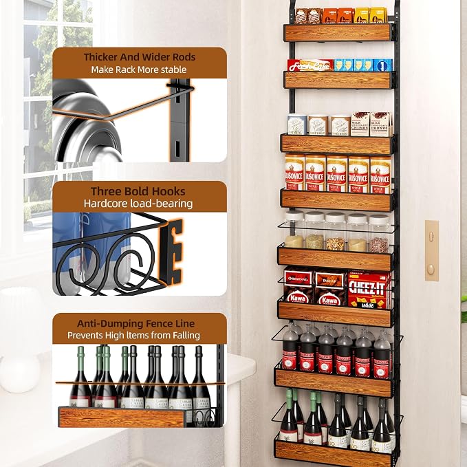 Over the Door Pantry Organizer, 8-Tier Metal Hanging Spice Rack with Adjustable Basket for Kitchen Storage - Image 5