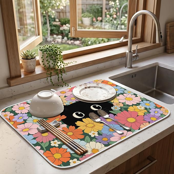 Black Cat Floral Dish Drying Mat for Kitchen Counter Coffee Bar 18x24 in | Non Slip Absorbent Kitchen Dishes Drainer Mat, with Anti-slip Rubber Backing & Hanging Loop, Decor for Sink, Cat Theme Gifts - Image 5