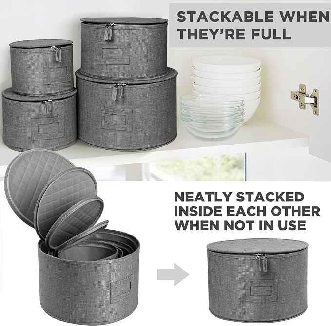 LotFancy China Storage Containers, Hard Shell, 4PCS Set, Dish Saucer Plate Storage Box for Moving, Stackable Dinnerware Organizer Bins with 48 Felt Dividers, Grey - Image 6