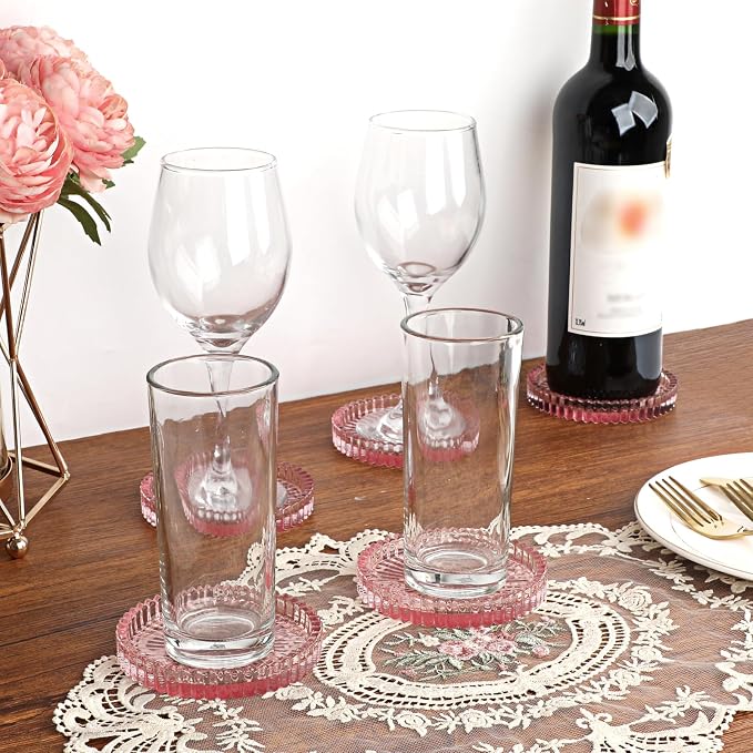 Modern Clear Coaster Set of 5- Glass Coasters for Drinks, Clear Pink | Crystal Coasters Round Cup Coaster Coffee Table Decor for Office, Kitchen, Bar, Dining Room, Living Room, Patio - Image 2