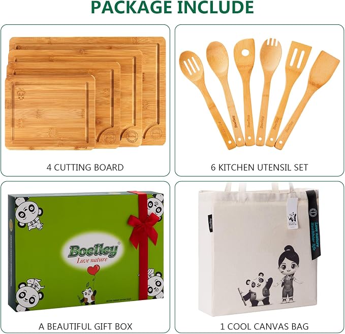 Wooden Cutting Boards for Kitchen-Bamboo Cutting Board Set(Small & Extra Large),Wood cutting board set,Heavy Duty Wooden Chopping boards set of 4, w/6x Utensils 1xCanvas bag -11Pcs Gift Pack - Image 2