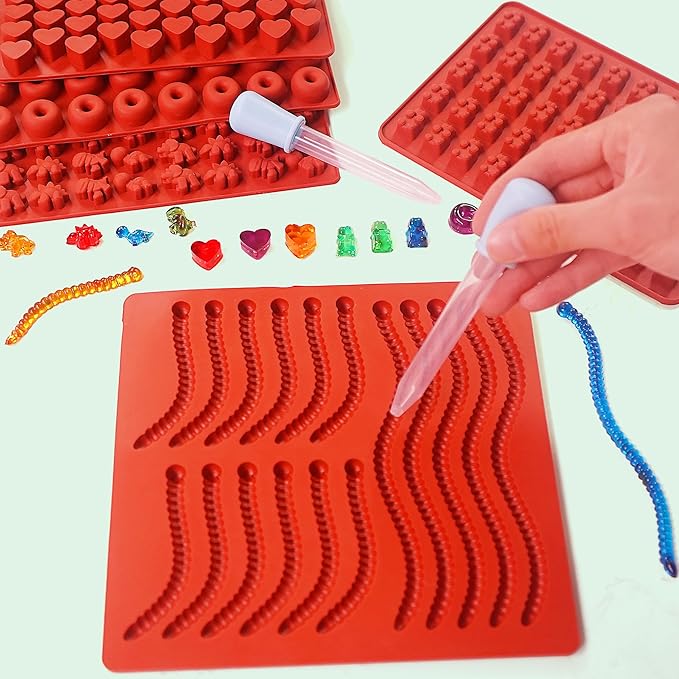 Gummy Bear Mold Silicone for Gummies Candy, 5Pcs Worm Gummy and Chocolate Molds Silicone for Kids Including Mini Bear, Dinosaur, Worm, Hearts and Mini Donut with 2 Droppers