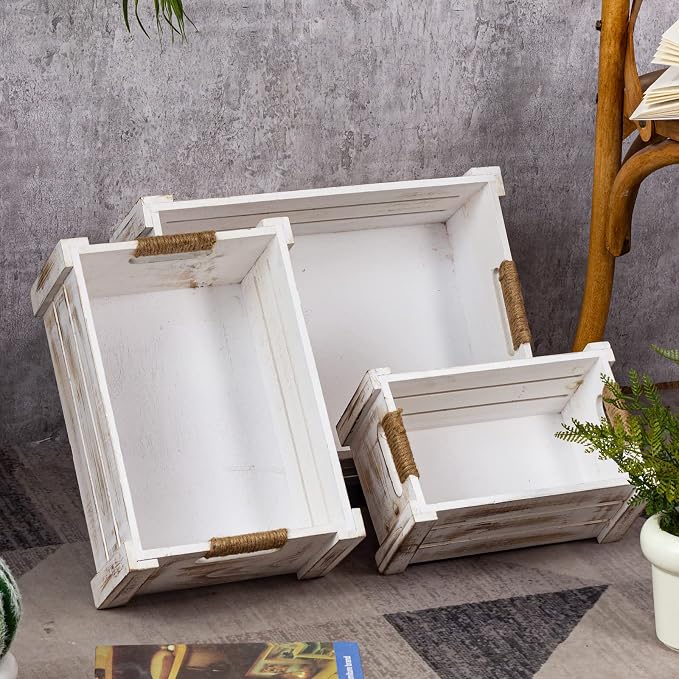 TIMRIS Set of 3 Rustic Wood Nesting Crates, Farmhouse Wooden Storage Container Boxes with Cutout Handles, Decorative Wooden Baskets for Display (Whitewash) - Image 9