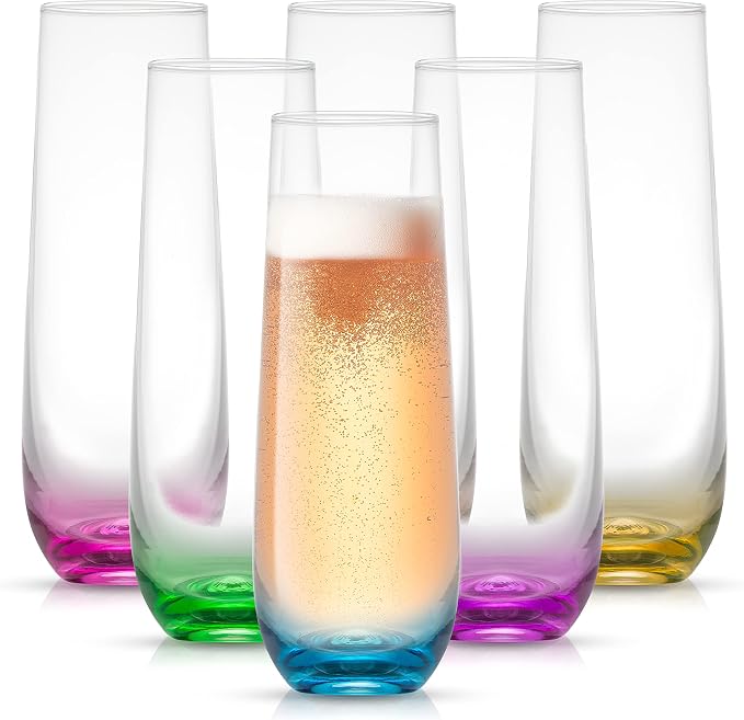JoyJolt Hue Stemless Champagne Flutes Set of 6 Colored Glasses, 9.5oz Cocktail Glass Set for Mimosa, Stemless Champagne Glasses, Prosecco Wine Flute, Bar Glassware by JoyJolt