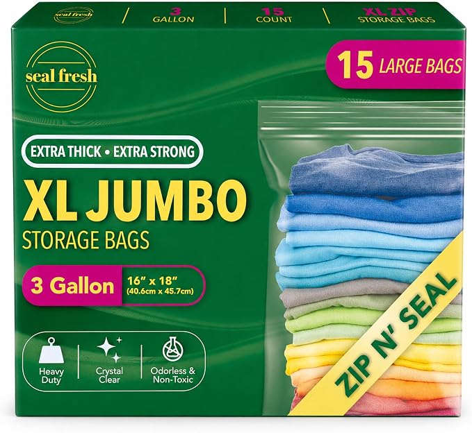 Seal Fresh 3 Gallon Large Plastic Storage Bags – 16" x 18" (15 Count) – Reusable XXL Extra Large Clear Jumbo Zip Bags with Sealable Zipper Top For Clothes, Travel, Moving by SealFresh