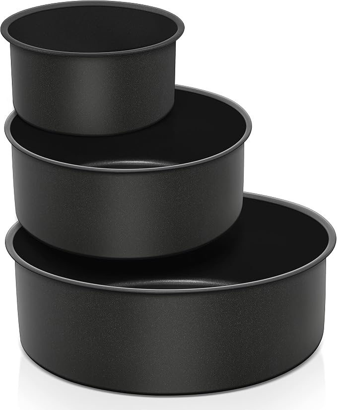 E-far Deep Cake Pan Set of 3 (4/6/8 Inch), Nonstick Stainless Steel Round Cake Pans Tins for Baking Layer Wedding Cakes, Stainless Steel Core & Nontoxic Coating, Deep & Straight Side by E-far