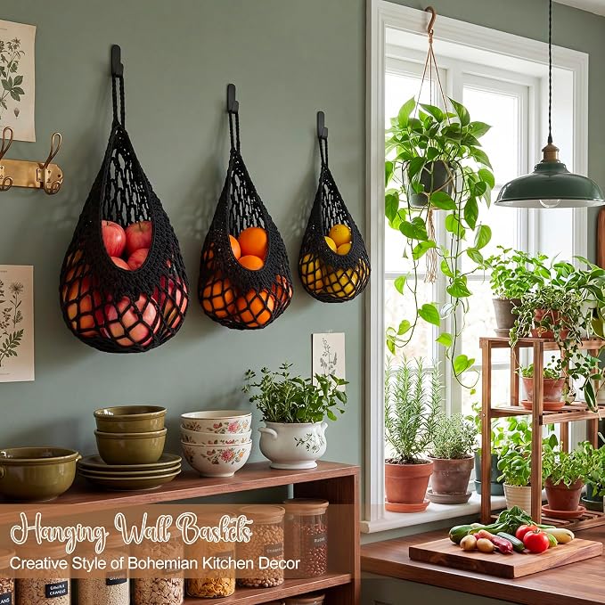 Honeydak Boho Decor Hanging Wall Baskets for Kitchen 3 Pack Teardrop Baskets with Hooks Storage Fruit Onion Vegetable Potato for Home(Black,Crochet,Cotton Rope) - Image 4