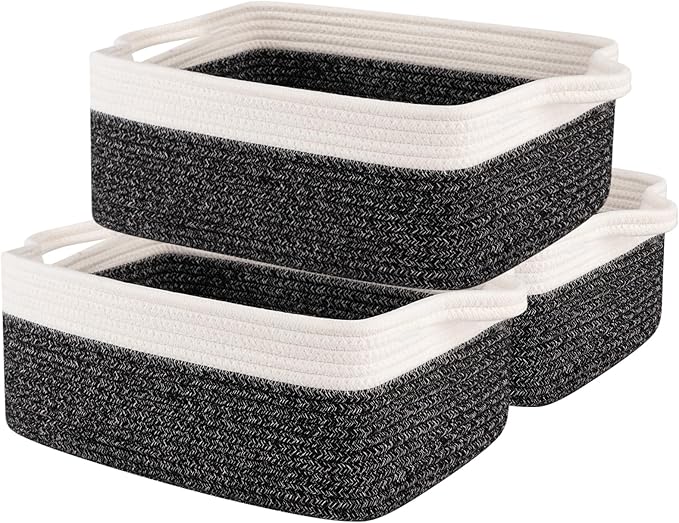 OIAHOMY 3 Pack Storage Baskets for Organizing, Woven Cotton Rope Basket for Shelves, Closet Organizer Bins with Handles, Rectangle Toy Organization, 13.78''×9.84''×5.5'', Black & White by MasterofSpaceOptimization