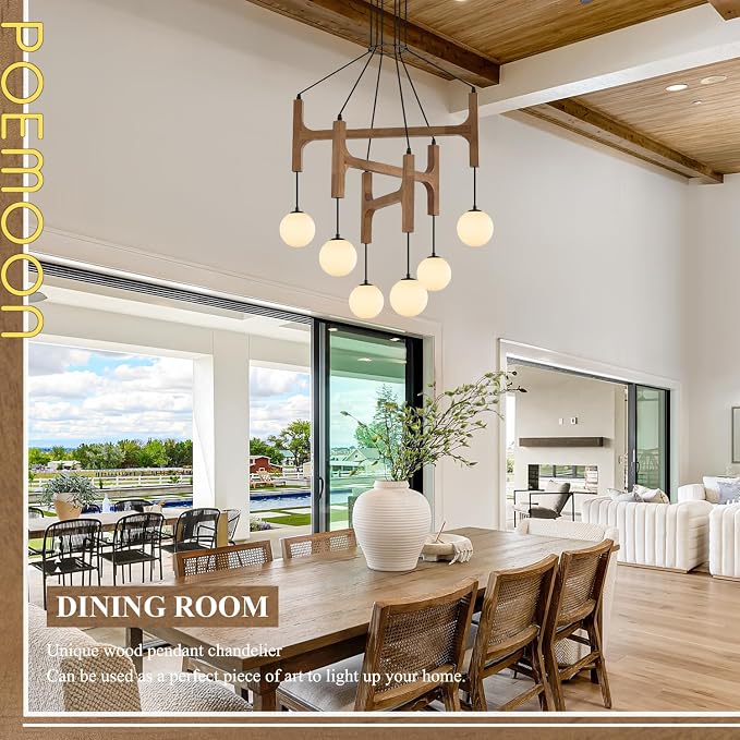 Farmhouse L28 '' Wooden Chandeliers with Milk Glass Globes Lampshades, Rustic Oak Mid Century Long Pendant Chandelier Light Fixture 6-Light for Foyer Living Dining Room Bedroom Kitchen,G9 - Image 6