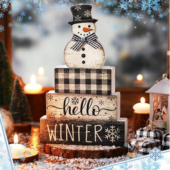 Moucuny 4 Pcs Snowman Christmas Decor Winter Table Decorations Christmas Tiered Tray Decor Winter Centerpiece Decorations Indoor Rustic Wooden Snowman Block Sign Gift Farmhouse for Home Kitchen Shelf - Image 3