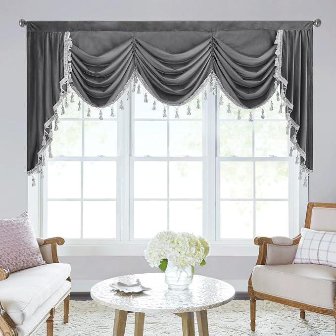 Grey Waterfall Velvet Valances W79 inches, 1 Panel | Super Luxury Waterfall Swag Valance for Kitchen, Living Room, Room Darkening Thermal Insulated Window Drapes for Bedroom by StangH