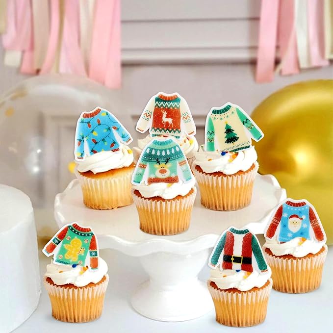 40PCS Edible Ugly Sweater Cupcake Toppers Wafer Paper Christmas Cupcake Toppers Picks Merry Christmas Theme Holiday Baby Shower Birthday Party Cake Decorations Supplies - Image 4